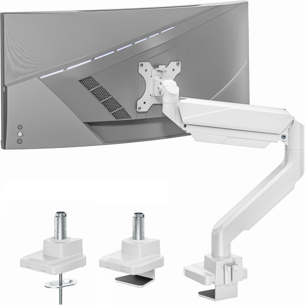 ARES WING Monitor Arm White 17–49" | up to 18 kg (Ergonomic Gas Spring Mount for Ultrawide & Curved Displays – VESA 75/100.)