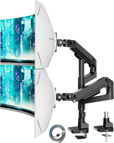 ARES WING monitor mount for 2 monitors on top of each other for 17-49 inch flat & curved screens, dual monitor mount with gas spring and USB A/C port, height adjustable, weight 2-20 kg/arm, VESA 75 & 100