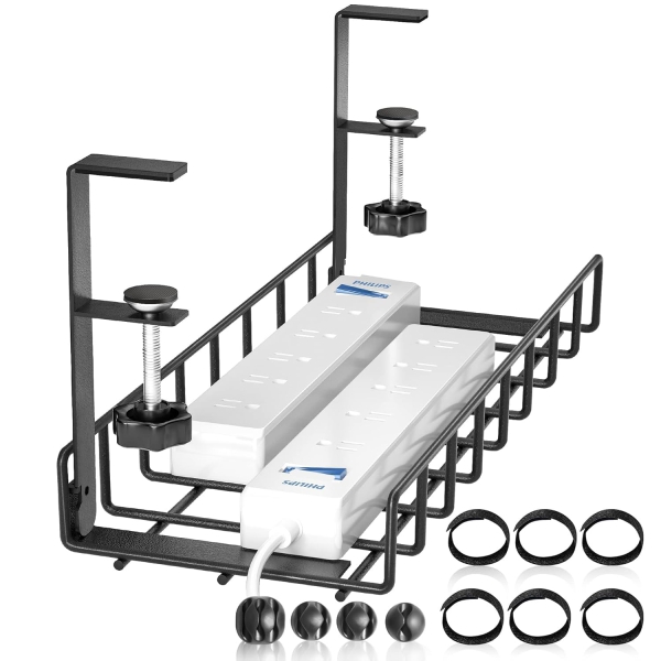 Xpatee Cable Management No Drilling – Clamp-On Desk Cable Tray (Black) (Robust Metal Cable Tray (40 cm) with C-Clamps – No Screwing Needed – For Tabletops 1–6 cm Thick – Incl. Accessories.)