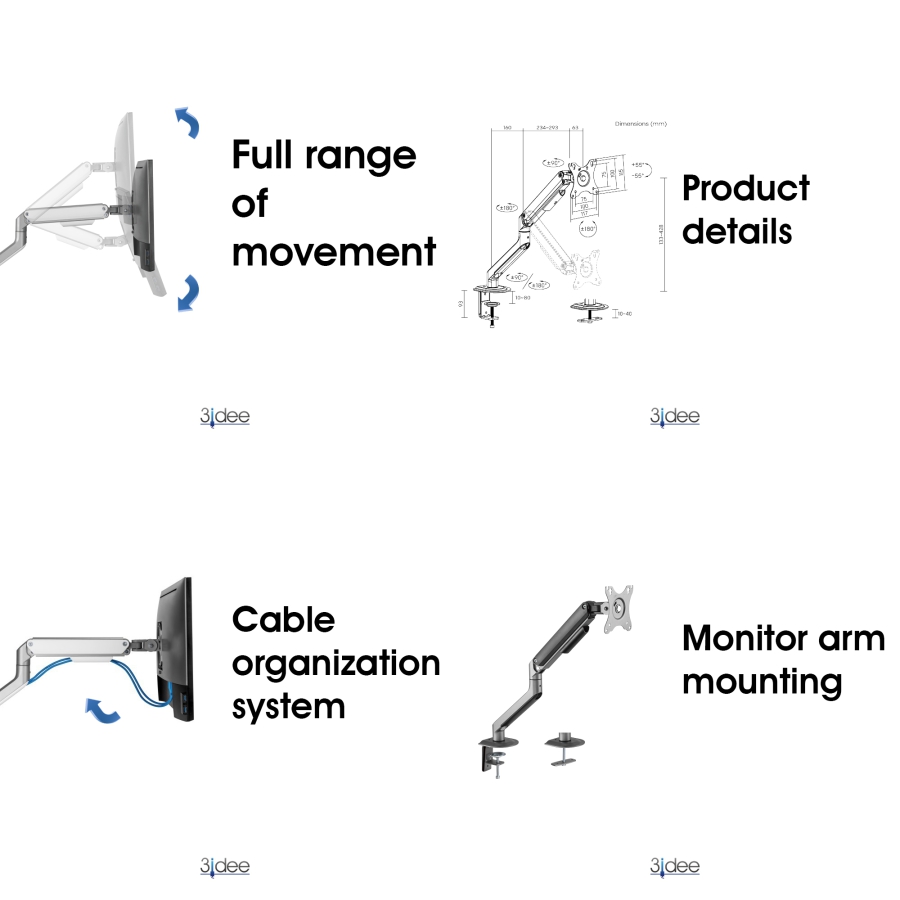 3IDEE Single monitor arm | For 1 monitor 17"-32" screens | Height adjustable - up to 9kg