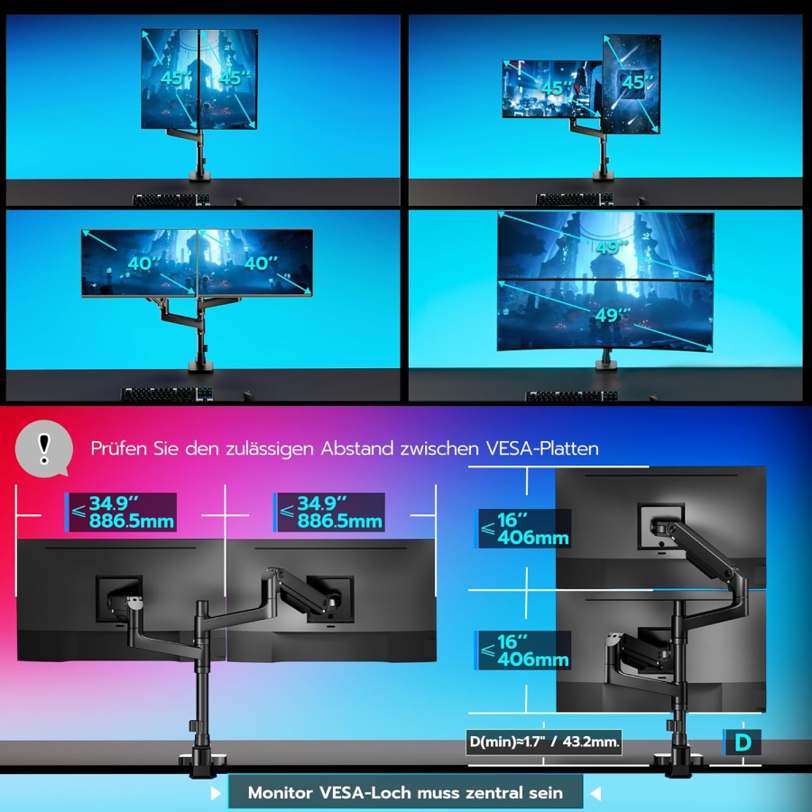 ARES WING Dual Monitor Mount for 17–49 Inches (Vertical & Horizontal) (Heavy Duty Gas Spring System for Two Monitors up to 20 kg Each – Stackable or Side-by-Side.)