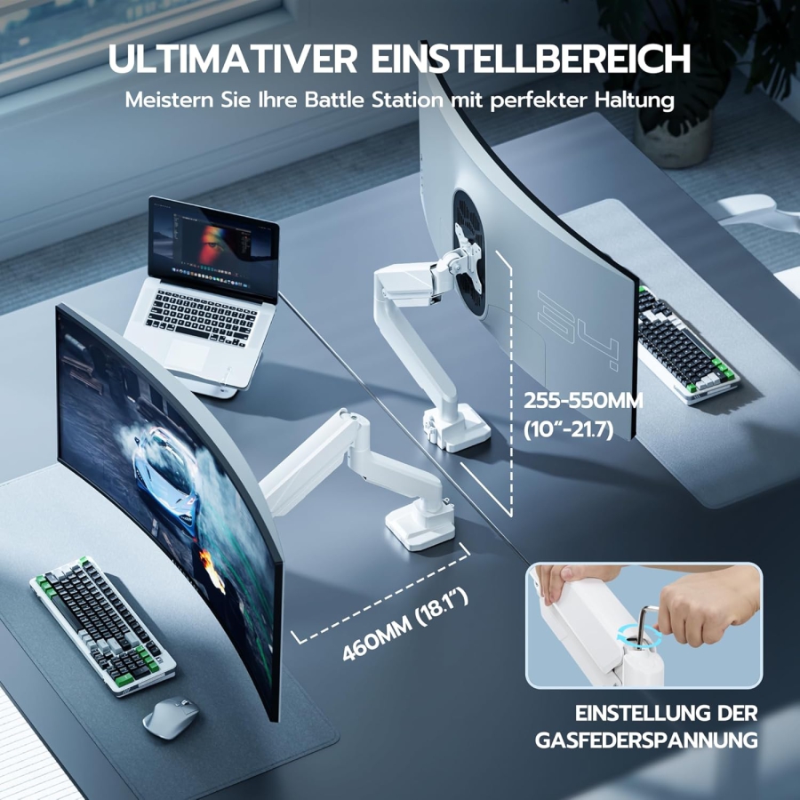 ARES WING Heavy Duty Gaming Monitor Arm White for 17-49 Inches (Max. 18 kg) (Ergonomic Gas Spring Mount for Ultrawide & Curved Displays – VESA 75/100.)