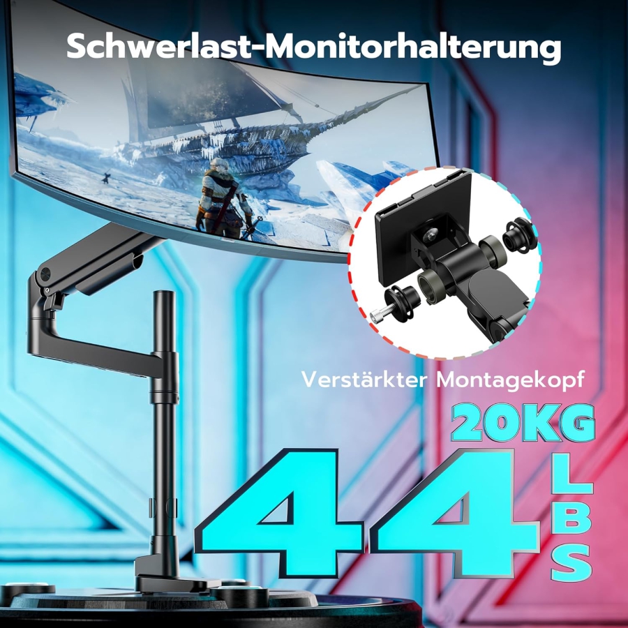 ARES WING Heavy Duty Monitor Arm 17-49 Inch (up to 20 kg) – Gas Spring (Extra high pole & 20 kg load capacity for Ultrawide & Curved screens.)