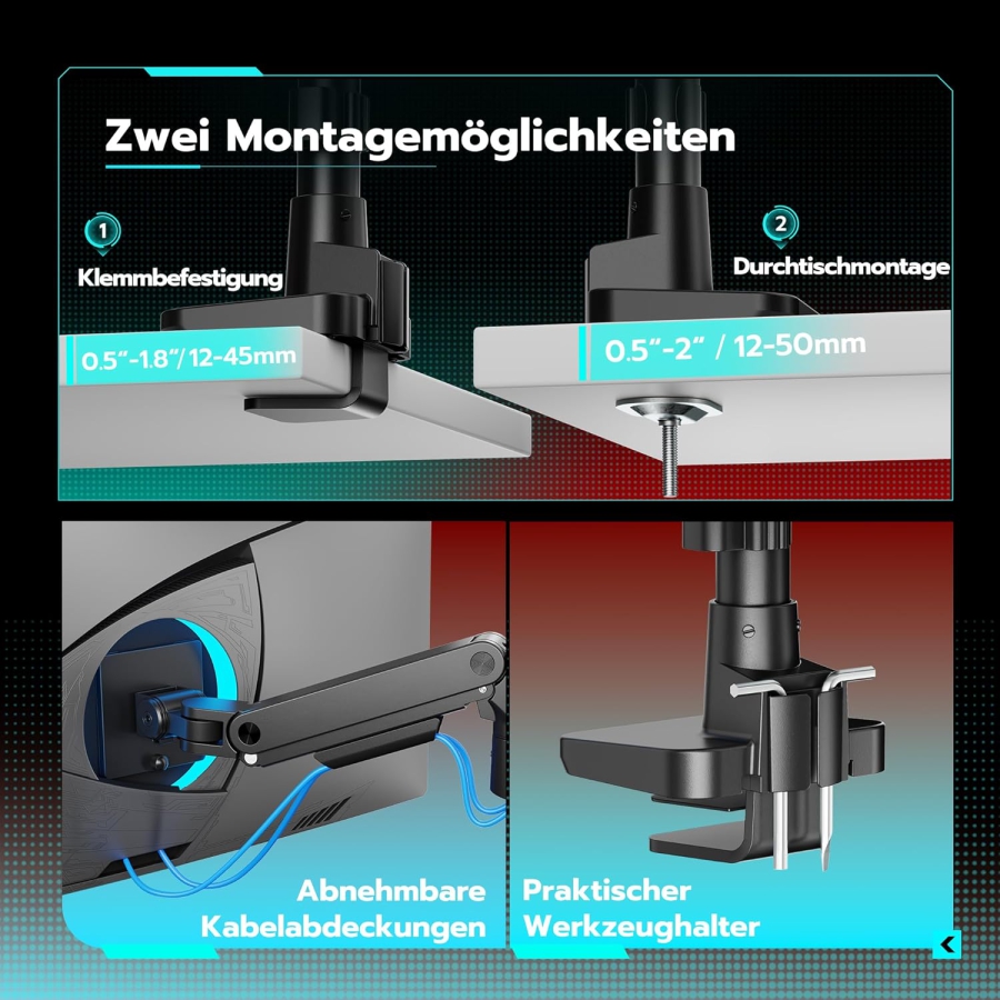 ARES WING Heavy Duty Monitor Arm 17-49 Inch (up to 20 kg) – Gas Spring (Extra high pole & 20 kg load capacity for Ultrawide & Curved screens.)