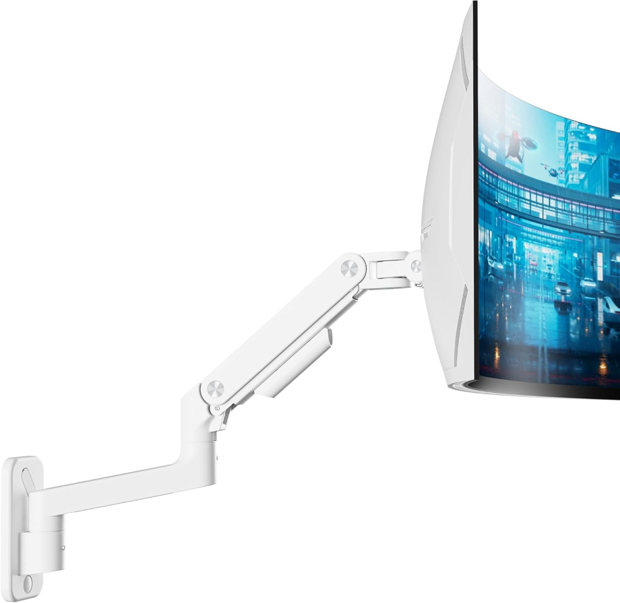 ARES WING Heavy Duty Monitor Wall Mount (White) for 17–49 Inch (Perfect for Ultrawide & Curved Monitors. Gas Spring Arm with 20 kg Load Capacity)