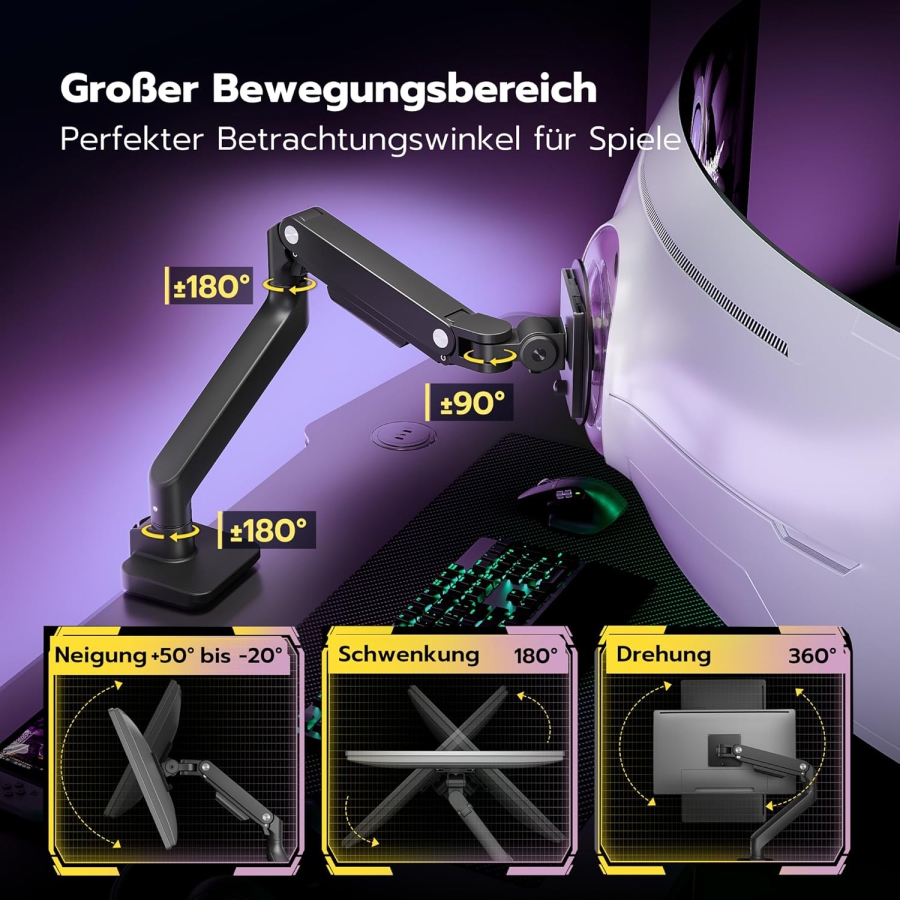 ARES WING Monitor Arm Black 17–49" | up to 20 kg (Maximum reach & ergonomics: Your premium monitor mount for gaming & focus time.)