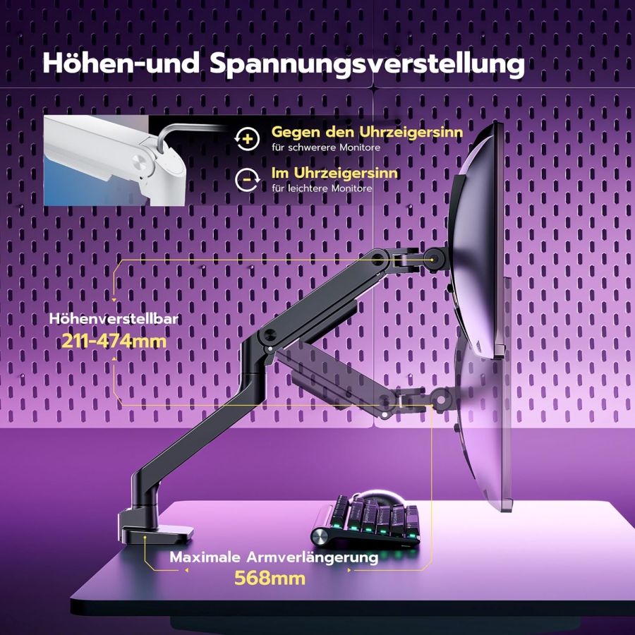 ARES WING Monitor Arm Black 17–49" | up to 20 kg (Maximum reach & ergonomics: Your premium monitor mount for gaming & focus time.)