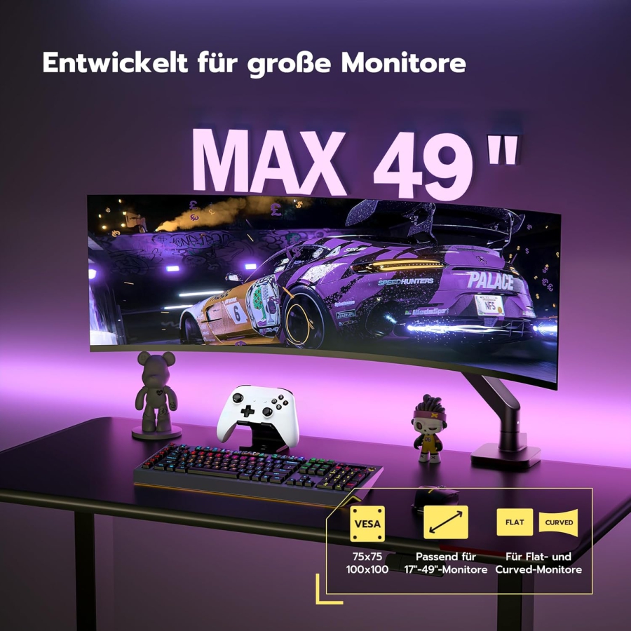ARES WING Monitor Arm Black 17–49" | up to 20 kg (Maximum reach & ergonomics: Your premium monitor mount for gaming & focus time.)