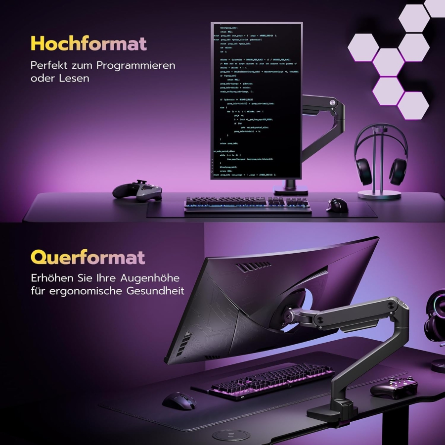 ARES WING Monitor Arm Black 17–49" | up to 20 kg (Maximum reach & ergonomics: Your premium monitor mount for gaming & focus time.)