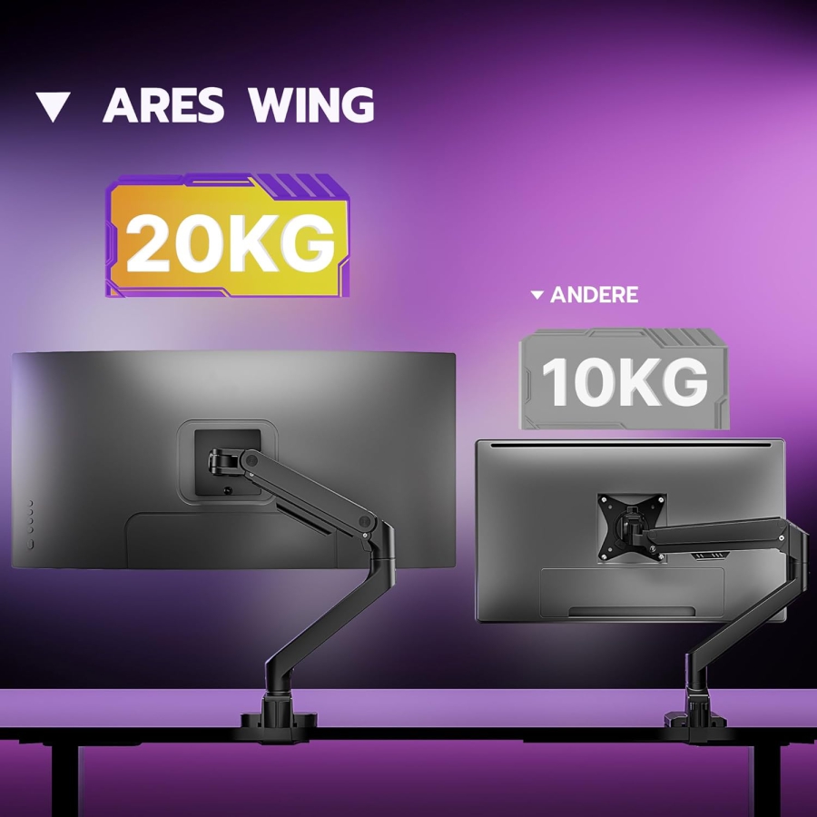 ARES WING Monitor Arm Black 17–49" | up to 20 kg (Maximum reach & ergonomics: Your premium monitor mount for gaming & focus time.)