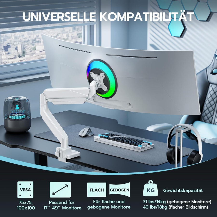 ARES WING Monitor Arm White 17–49" | up to 18 kg (Ergonomic Gas Spring Mount for Ultrawide & Curved Displays – VESA 75/100.)