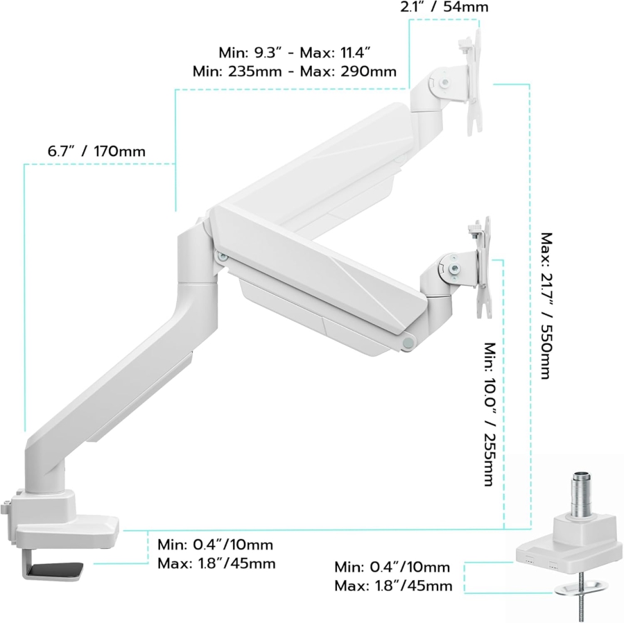 ARES WING Monitor Arm White 17–49" | up to 18 kg (Ergonomic Gas Spring Mount for Ultrawide & Curved Displays – VESA 75/100.)
