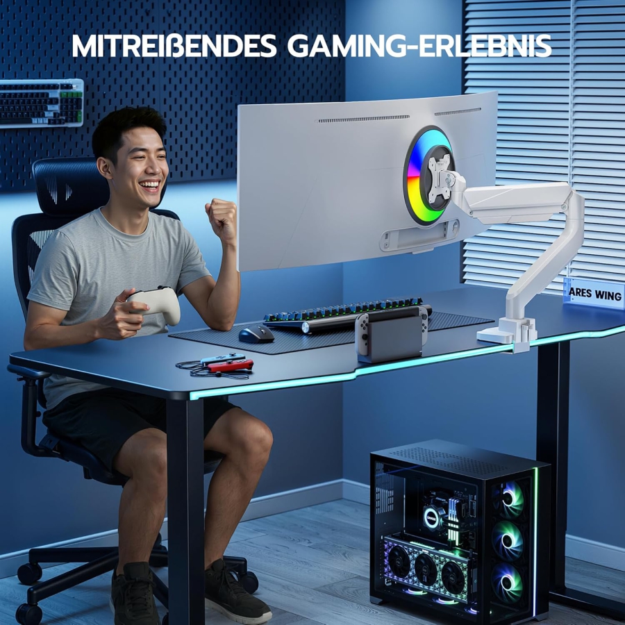 ARES WING Monitor Arm White 17–49" | up to 18 kg (Ergonomic Gas Spring Mount for Ultrawide & Curved Displays – VESA 75/100.)