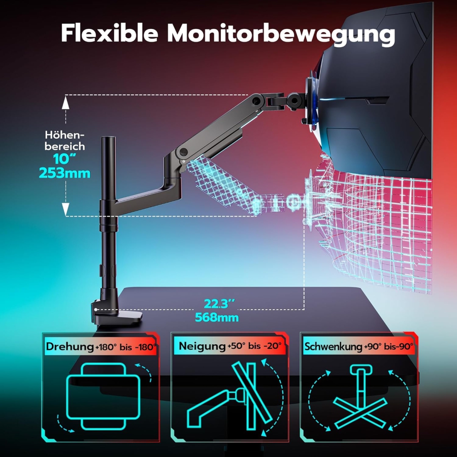 ARES WING Monitor Arm with Pole 17–49" | up to 20 kg (Extra high pole & 20 kg load capacity for Ultrawide & Curved screens.)