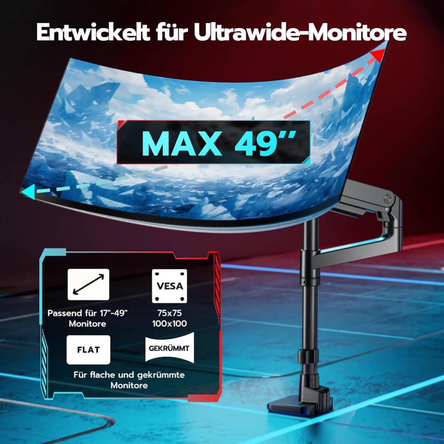 ARES WING Monitor Arm with Pole 17–49" | up to 20 kg (Extra high pole & 20 kg load capacity for Ultrawide & Curved screens.)