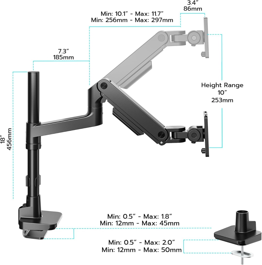 ARES WING Monitor Arm with Pole 17–49" | up to 20 kg (Extra high pole & 20 kg load capacity for Ultrawide & Curved screens.)