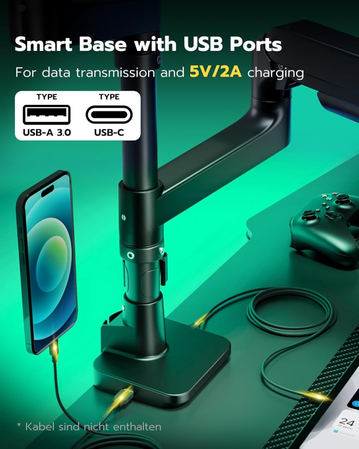 ARES WING Monitor Mount 2 Monitors for 17-49 inch Monitors, Gas Spring and USB A/C Port, Height Adjustable, up to 20kg/Arm, VESA 75 & 100