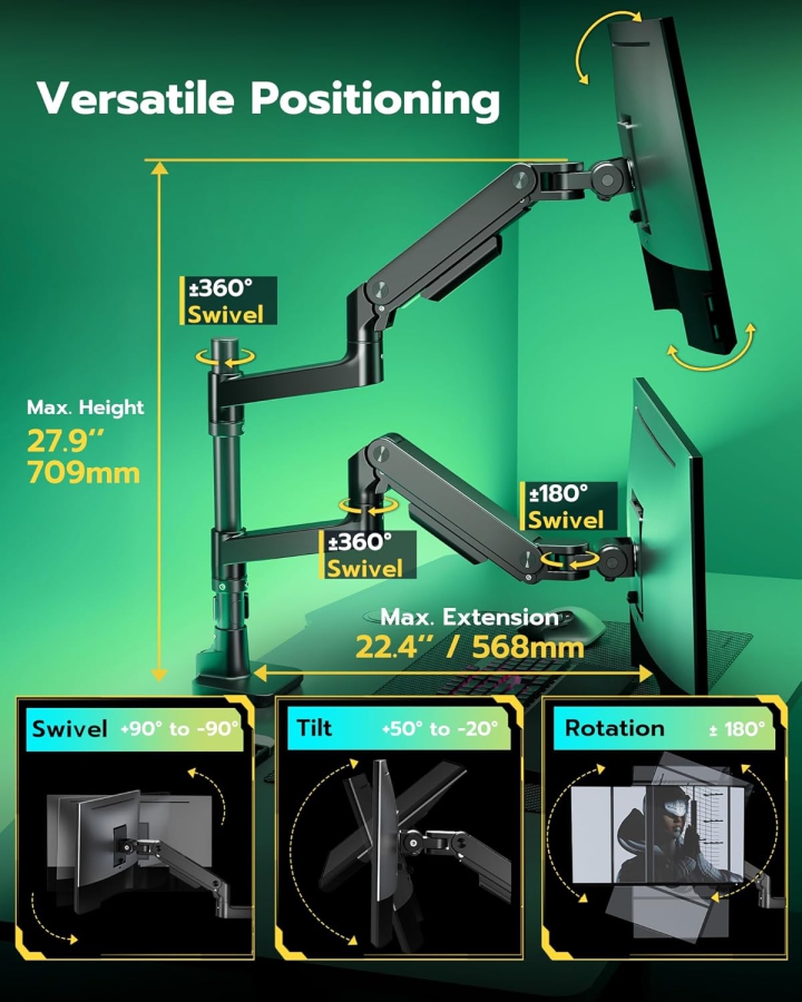 ARES WING Monitor Mount 2 Monitors for 17-49" Monitors, up to 20kg per Arm, Extreme Load Capacity, For Gaming Monitors