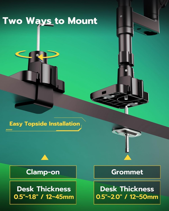 ARES WING monitor mount for 2 monitors on top of each other for 17-49 inch flat & curved screens, dual monitor mount with gas spring and USB A/C port, height adjustable, weight 2-20 kg/arm, VESA 75 & 100