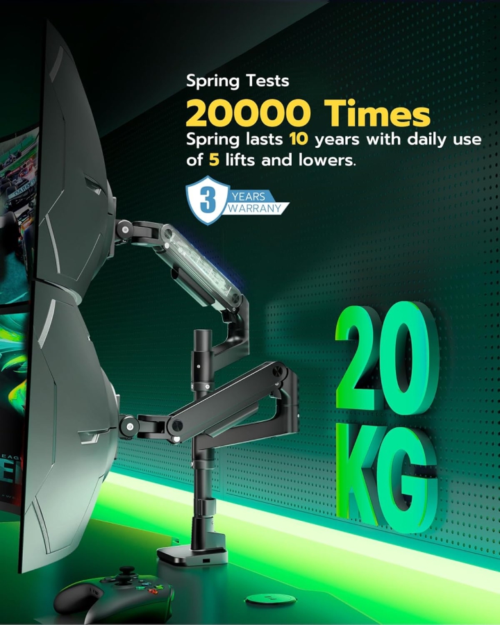 ARES WING monitor mount for 2 monitors on top of each other for 17-49 inch flat & curved screens, dual monitor mount with gas spring and USB A/C port, height adjustable, weight 2-20 kg/arm, VESA 75 & 100