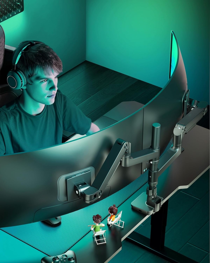 ARES WING monitor mount for 2 monitors on top of each other for 17-49 inch flat & curved screens, dual monitor mount with gas spring and USB A/C port, height adjustable, weight 2-20 kg/arm, VESA 75 & 100