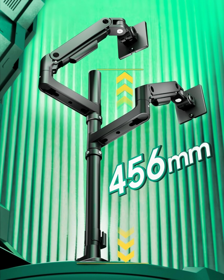 ARES WING monitor mount for 2 monitors on top of each other for 17-49 inch flat & curved screens, dual monitor mount with gas spring and USB A/C port, height adjustable, weight 2-20 kg/arm, VESA 75 & 100