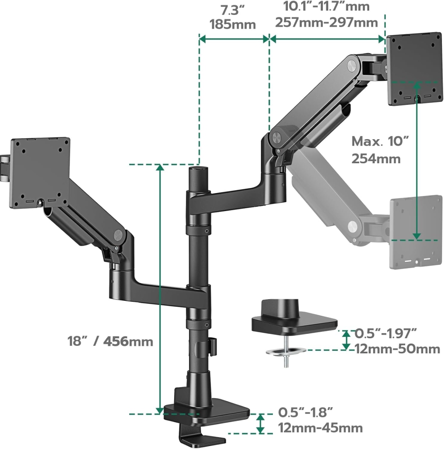 ARES WING monitor mount for 2 monitors on top of each other for 17-49 inch flat & curved screens, dual monitor mount with gas spring and USB A/C port, height adjustable, weight 2-20 kg/arm, VESA 75 & 100
