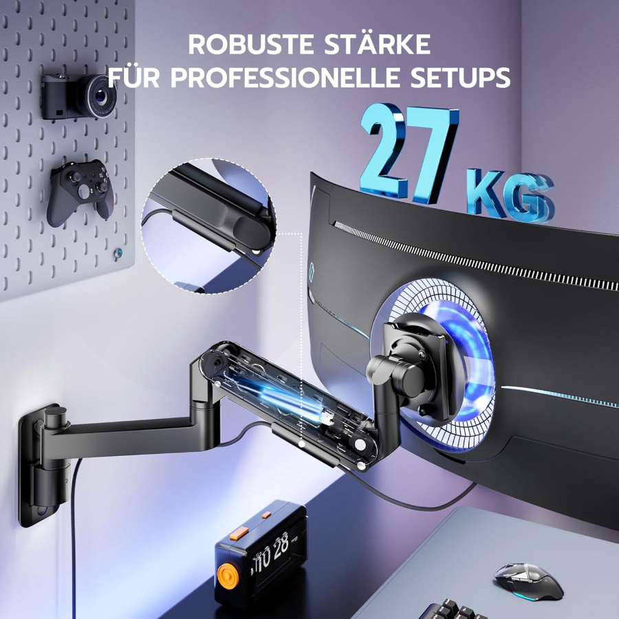 ARES WING Monitor Wall Mount 24-57 Inch (up to 27kg) – Gas Spring (Heavy Duty Wall Arm for Ultrawide & Curved Screens.)