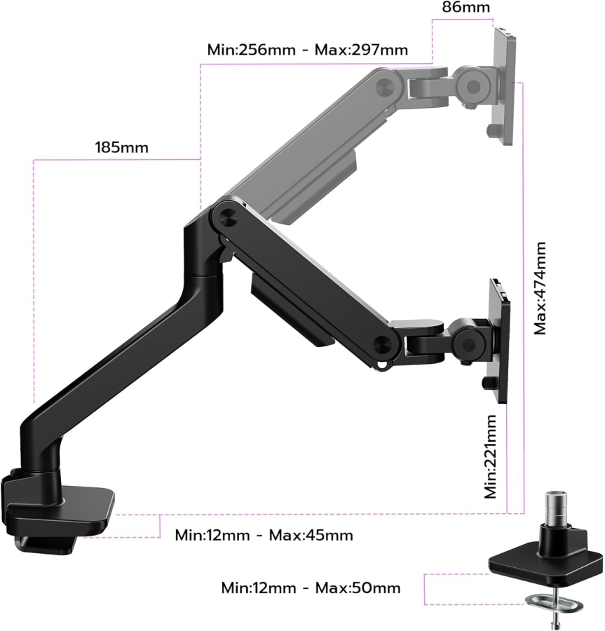 ARES WING Premium Monitor Mount 17-49" – Gas Spring Arm up to 20 kg, Black (Maximum reach & ergonomics: Your premium monitor mount for gaming & focus time.)