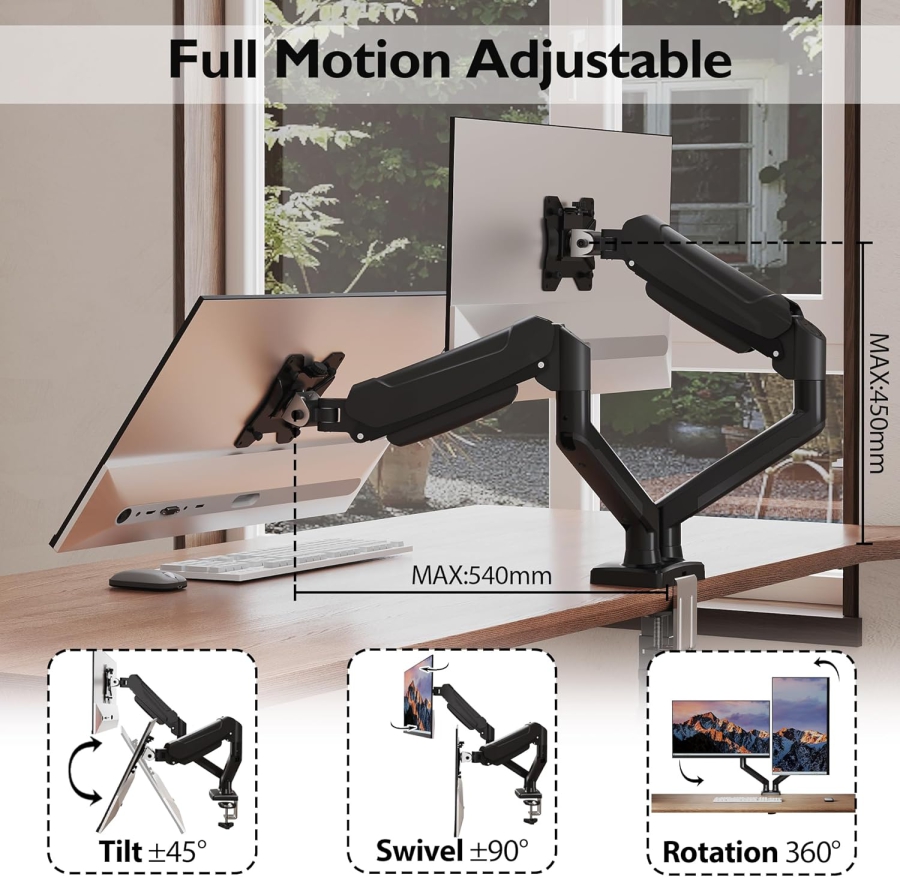 BONTEC Monitor Mount 2 Monitors for 13-32 monitors, up to 9 kg, Fully movable & adjustable
