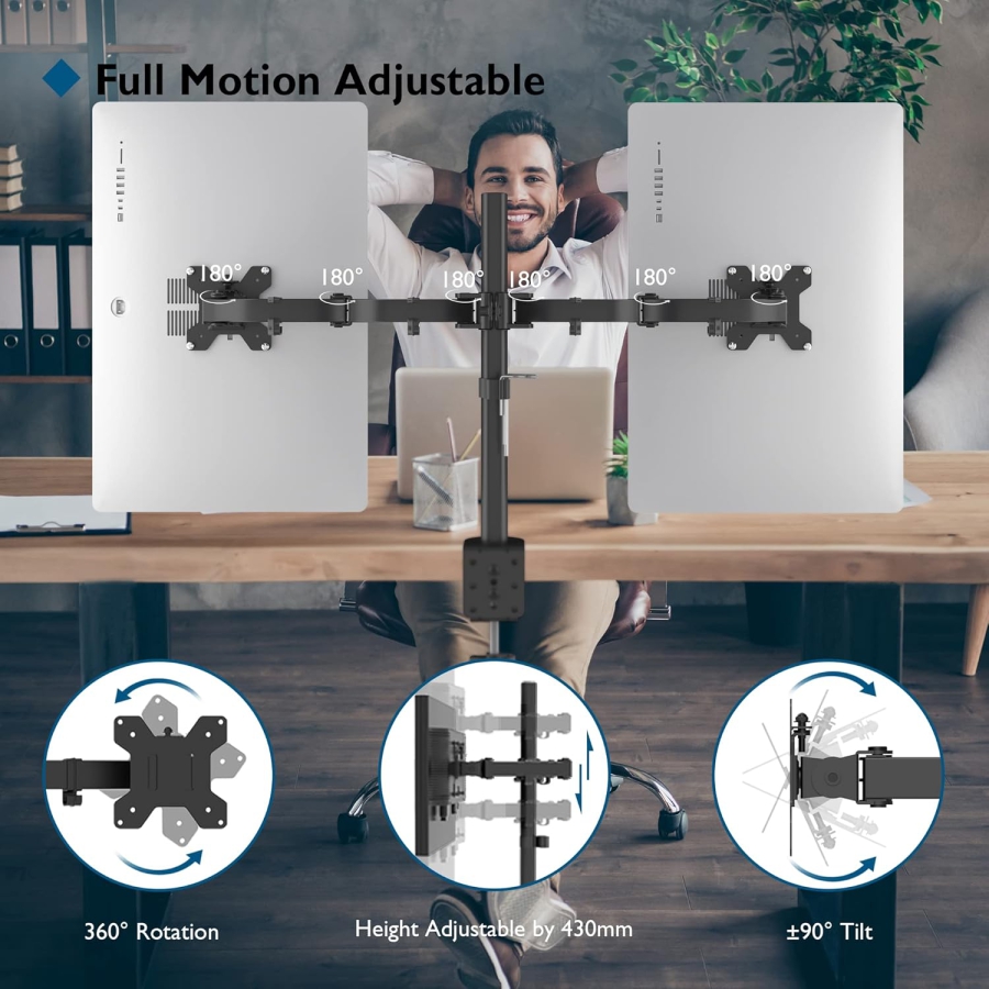 BONTEC Monitor Mount for two 13-27" Monitors, up to 10kg per arm, height-adjustable, rotatable, tiltable