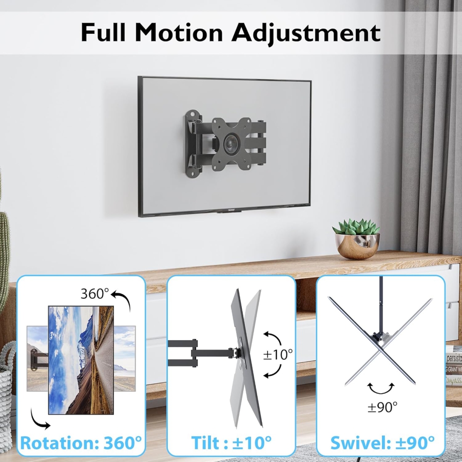 BONTEC PC Monitor & TV Wall Mount Swivel Tilt (13-30 Inch) (Full motion: VESA 75x75/100x100 mm, up to 15 kg load capacity – Incl. spirit level.)