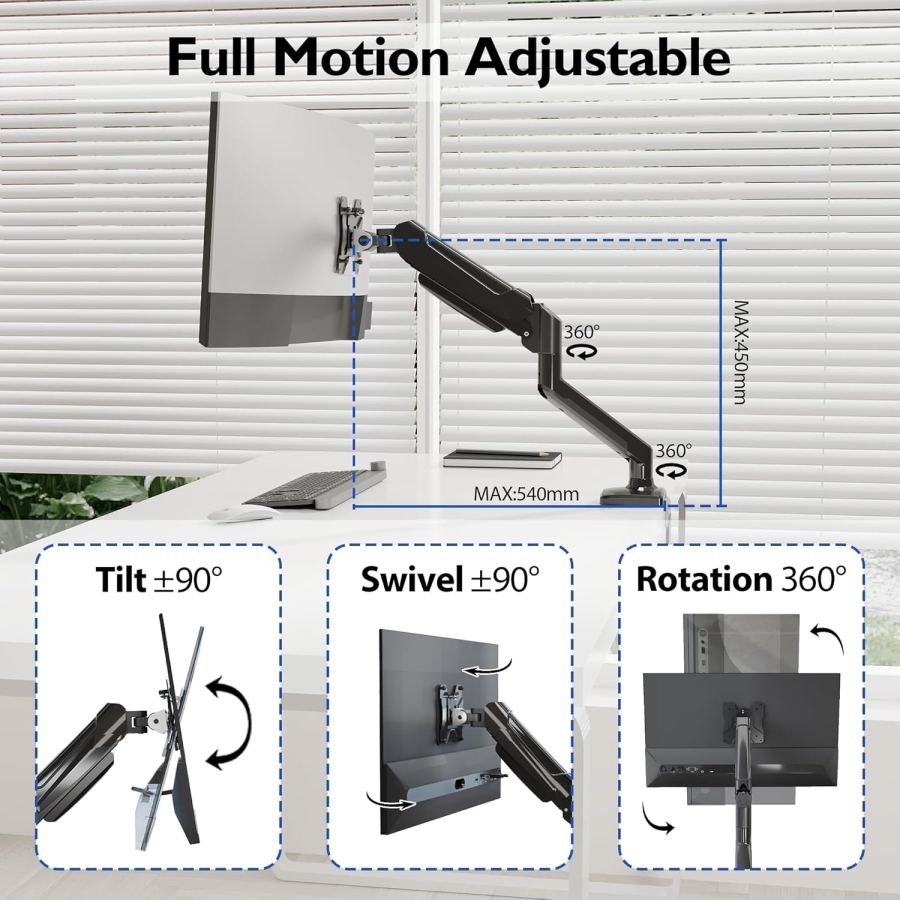 BONTEC Single Monitor Mount for 13-32 Inch (3-9 kg) – Gas Spring Arm, Height Adjustable & Full Motion – VESA 75/100 (Ergonomic Gas Spring Monitor Arm: Ultra-durable, stable & lightning-fast installation.)