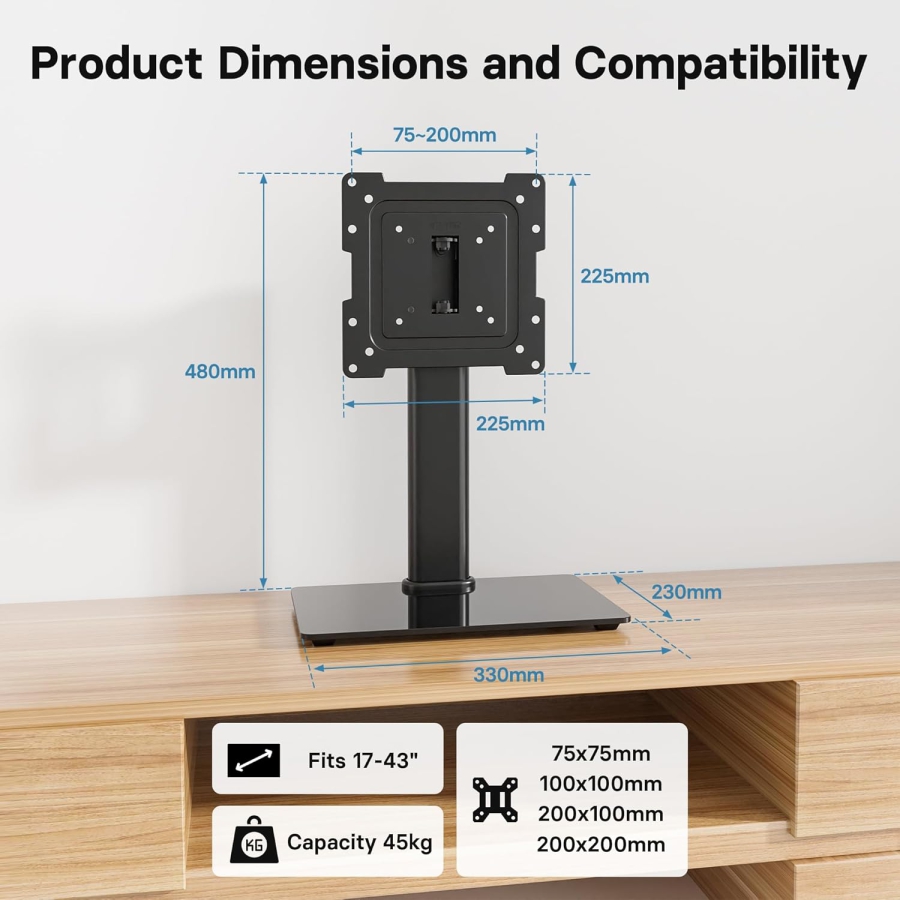BONTEC TV & Monitor Stand for 17–43 Inches (Swivel & Height Adjustable) (Robust Desk Stand with Glass Base for Devices up to 45 kg – VESA max. 200x200 mm)