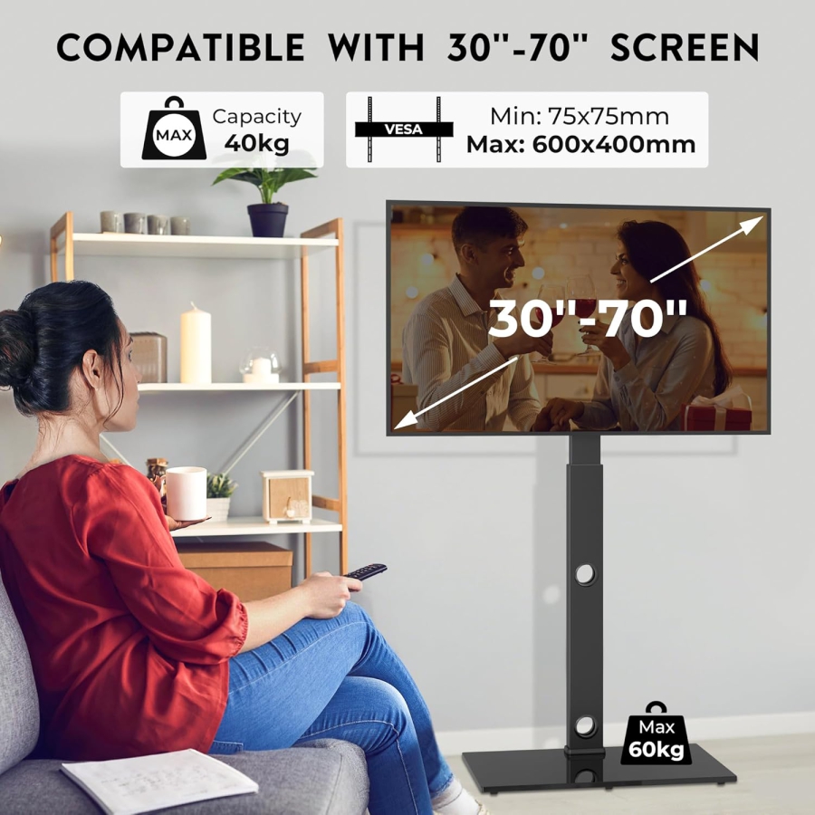 BONTEC TV Floor Stand for 30–70 Inch TVs (Swivel & Height Adjustable) (Free-standing TV Mount with 8mm Glass Base for Flat & Curved TVs up to 40 kg – VESA max. 600x400 mm)
