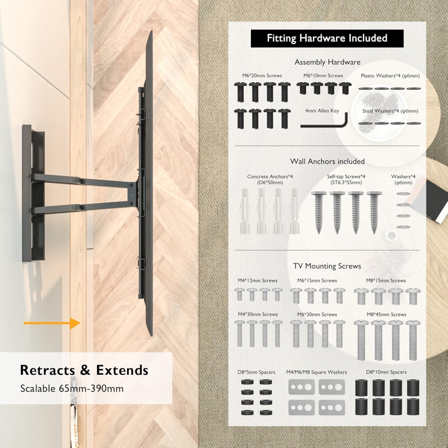 BONTEC TV Wall Mount Swivel & Tilt for 32-85 Inch (Max. 60 kg) (Stable dual-arm mount for flat & curved TVs – VESA 600x400, Extendable up to 39 cm.)