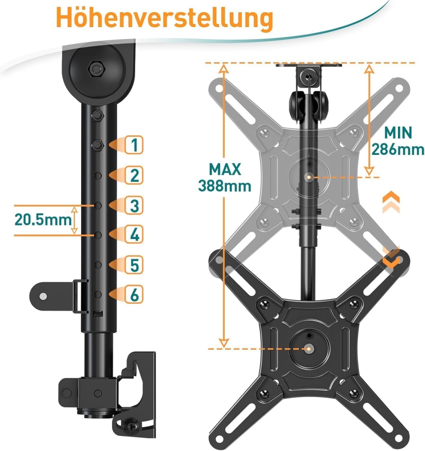 ELIVED TV & Monitor Ceiling Mount Foldable for 14–42 Inches (EV3030) (Space-saving Under-Cabinet Mount for Cabinets, Caravans & Sloped Ceilings – Height Adjustable & Swivel up to 10 kg.)