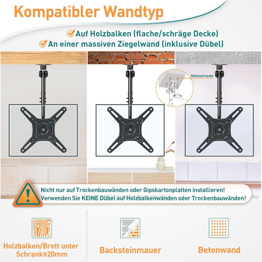 ELIVED TV & Monitor Ceiling Mount Foldable for 14–42 Inches (EV3030) (Space-saving Under-Cabinet Mount for Cabinets, Caravans & Sloped Ceilings – Height Adjustable & Swivel up to 10 kg.)