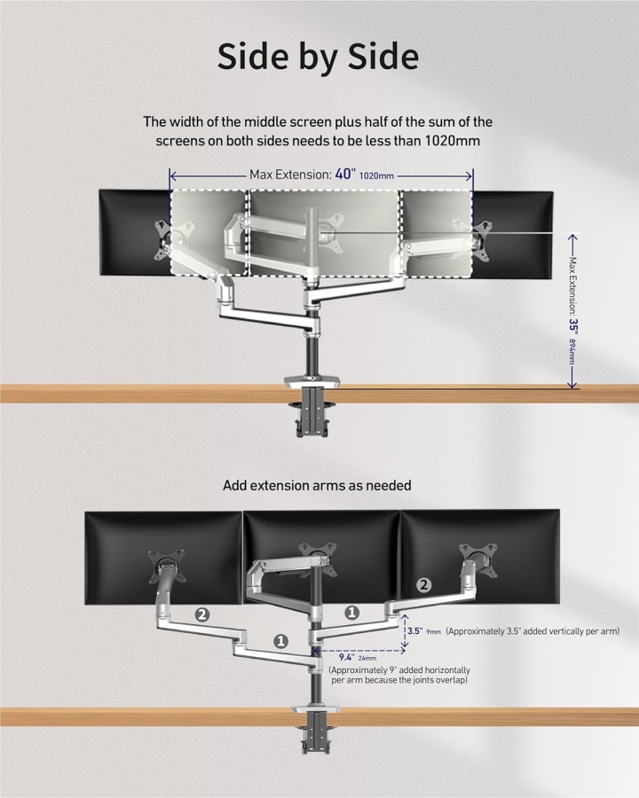Ergounion 3-Monitor Mount (Aluminum) for 13–40 Inch (Premium Desk Mount for Three Monitors up to 11.3 kg Each – With Durable Mechanical Spring.)