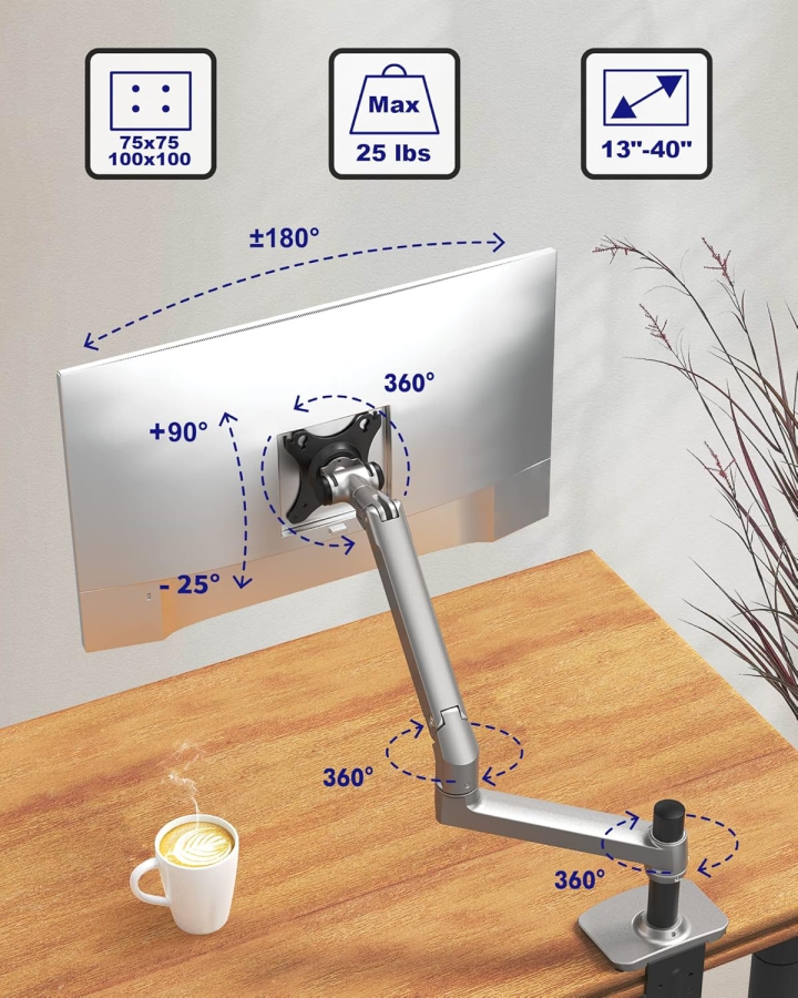 Ergounion RLAX E6 Monitor Arm 13–40" | 3–11 kg (Premium Single-Arm Mount made of High-Gloss Aluminum)