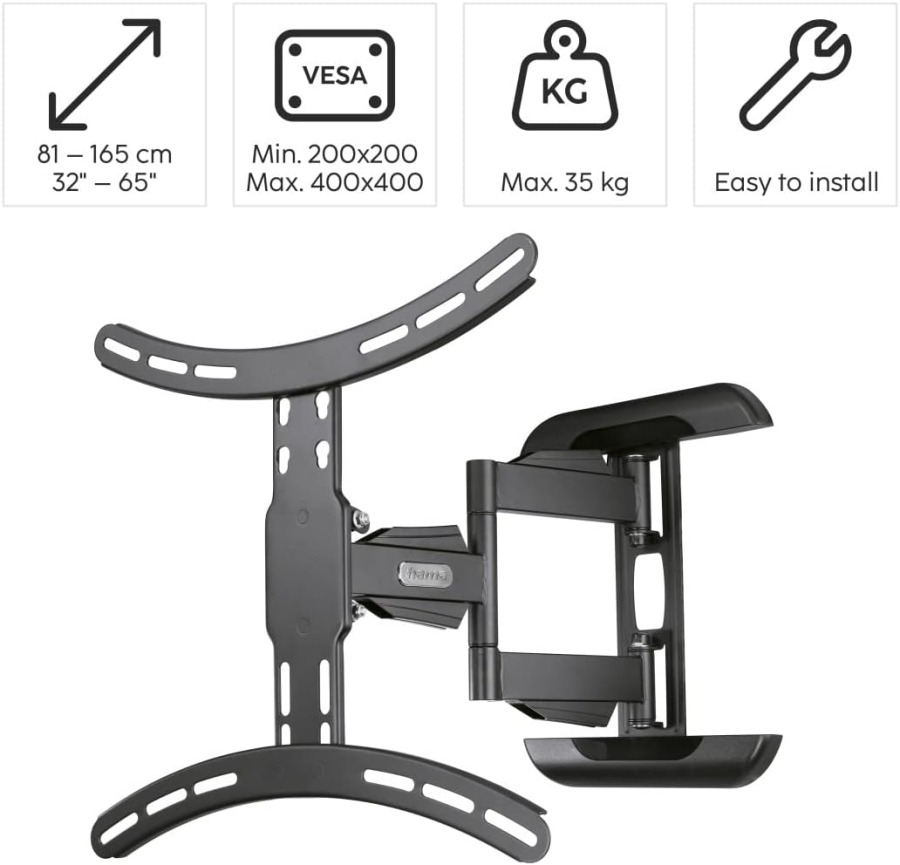 Hama TV Wall Mount Swivel & Tilt for 32-65 Inch TVs (Fullmotion) (Extendable up to 40.7 cm – VESA 400x400, 35 kg load capacity – Incl. Fischer plugs & 10-year warranty.)