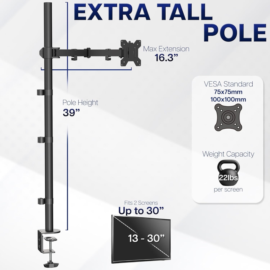 HUANUO Extra-High Monitor Desk Mount (101 cm) for 13–32 Inch Screens (Ergonomic Solution for Sit-Stand Workstations: 1010 mm Pole for Flexible Height Adjustment up to 10 kg)