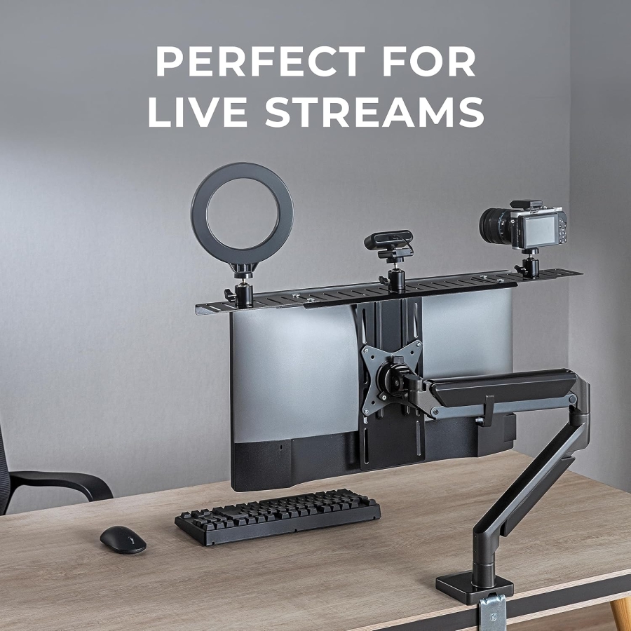 HumanCentric DSLR Monitor Mount – VESA Camera Shelf for Monitor & Arm (Professional shelf for webcam, light & microphone – Space-saving replacement for clamp stands.)