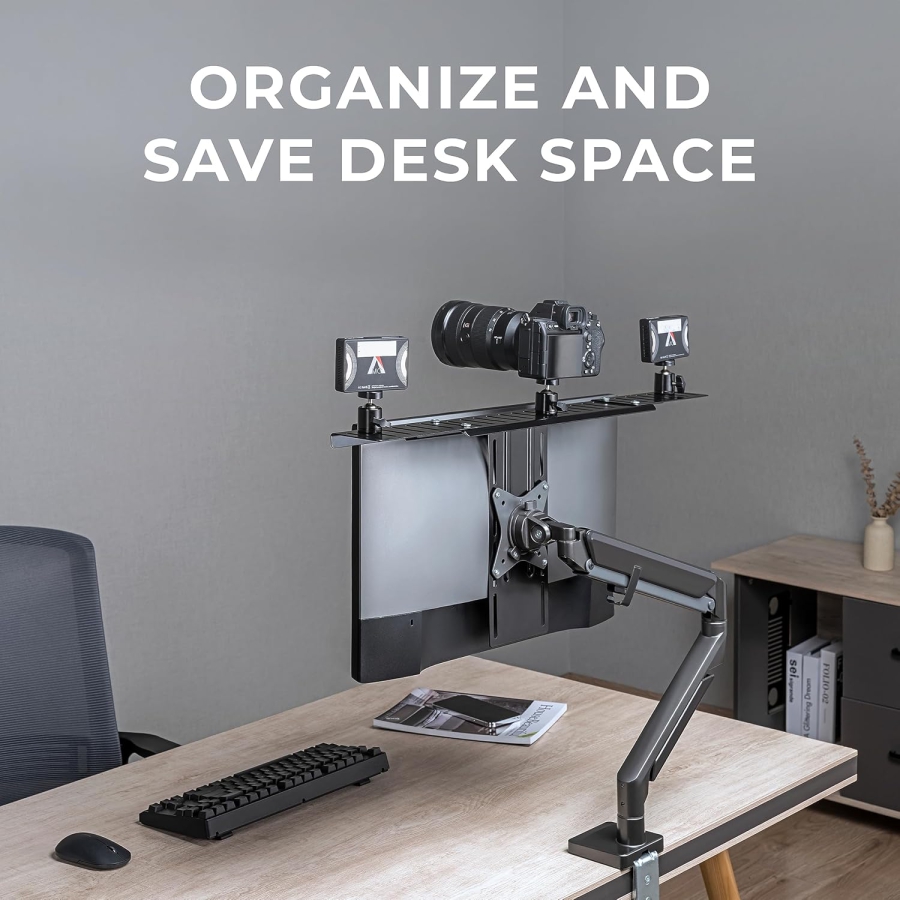 HumanCentric DSLR Monitor Mount – VESA Camera Shelf for Monitor & Arm (Professional shelf for webcam, light & microphone – Space-saving replacement for clamp stands.)