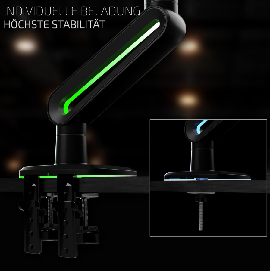 Invision Vortex VR200 RGB Monitor Arm 27–57" | up to 18 kg (The Ultimate Upgrade for Your Battle Station: Heavy Duty Arm up to 18 kg with Immersive RGB Lighting)
