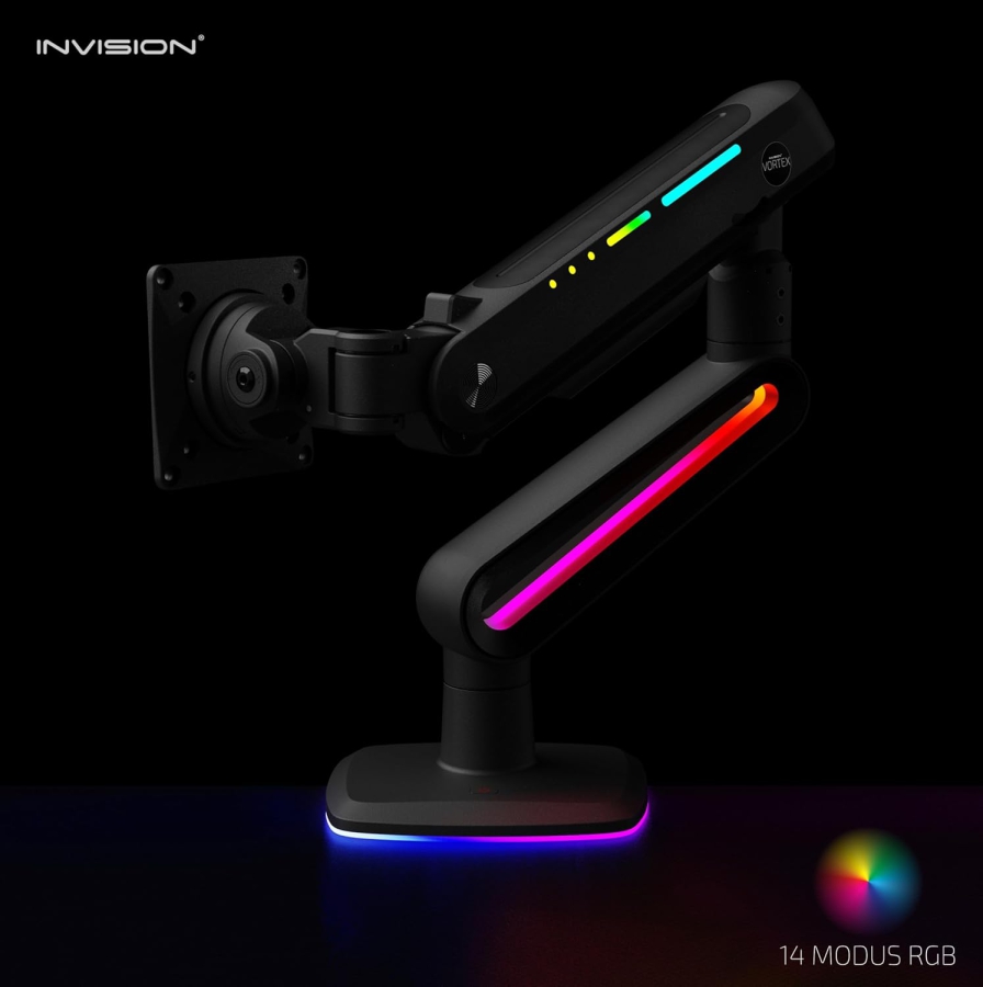 Invision Vortex VR200 RGB Monitor Arm 27–57" | up to 18 kg (The Ultimate Upgrade for Your Battle Station: Heavy Duty Arm up to 18 kg with Immersive RGB Lighting)