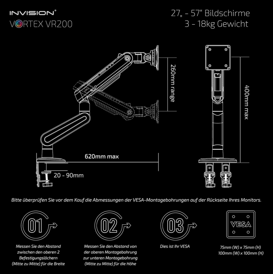 Invision Vortex VR200 RGB Monitor Arm 27–57" | up to 18 kg (The Ultimate Upgrade for Your Battle Station: Heavy Duty Arm up to 18 kg with Immersive RGB Lighting)