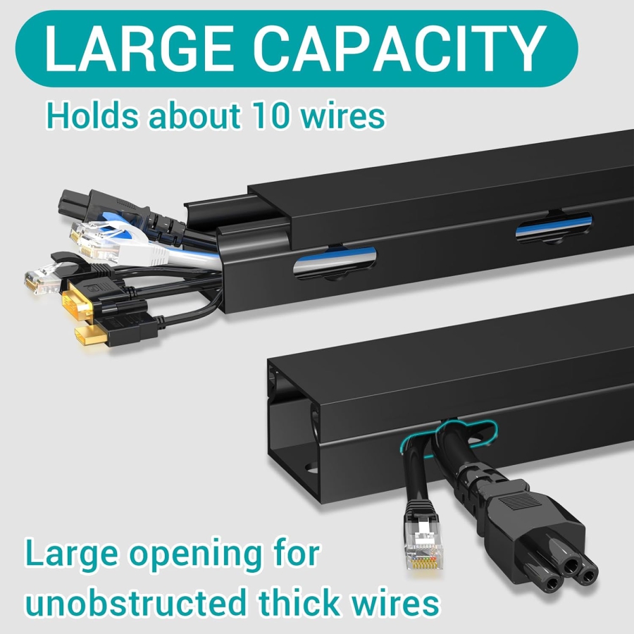 Magnetic Black Cable Raceway 4-Pack for Desk & TV (4x 40cm) (Innovative Cable Management: Magnetic, Self-Adhesive, or Screw-Mount – With Improved Large Holes.)