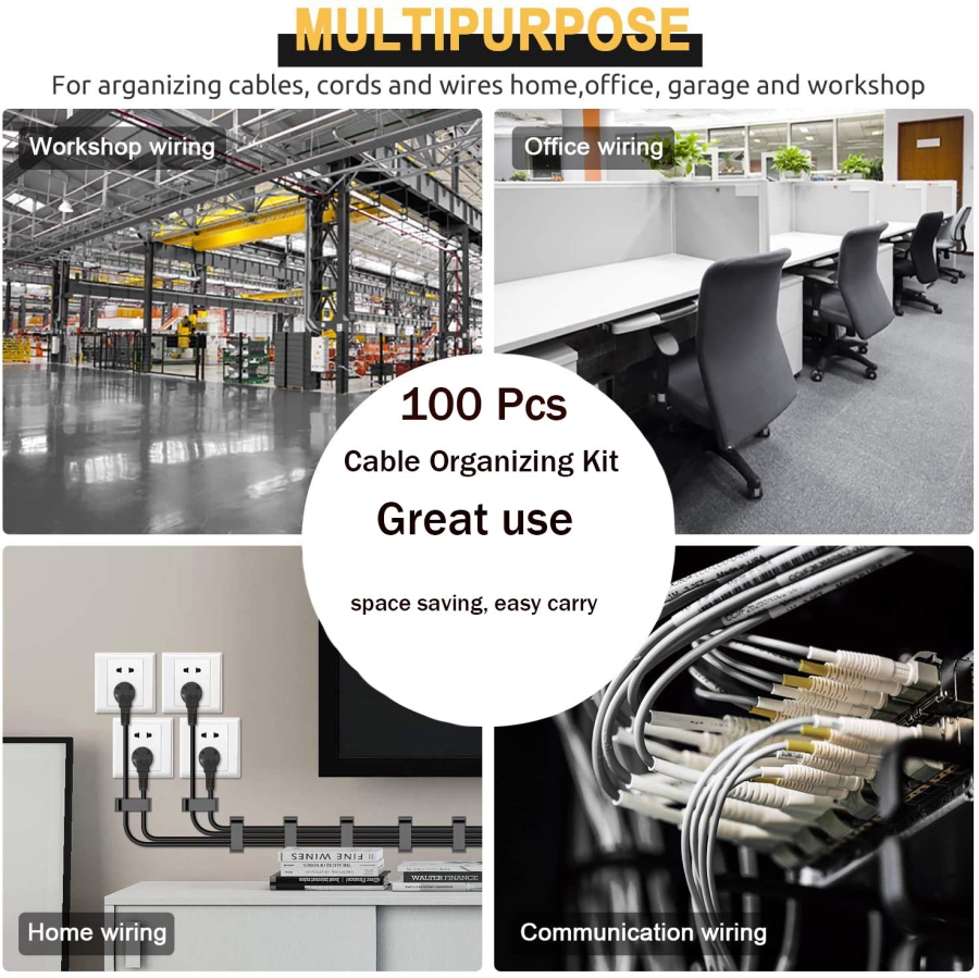MiuCo Cable Management Desk Kit (100-Piece) – The Ultimate Organizer (Complete Set with 50 Cable Ties, 40 Clips & 10 Silicone Holders – Self-Adhesive & Residue-Free.)