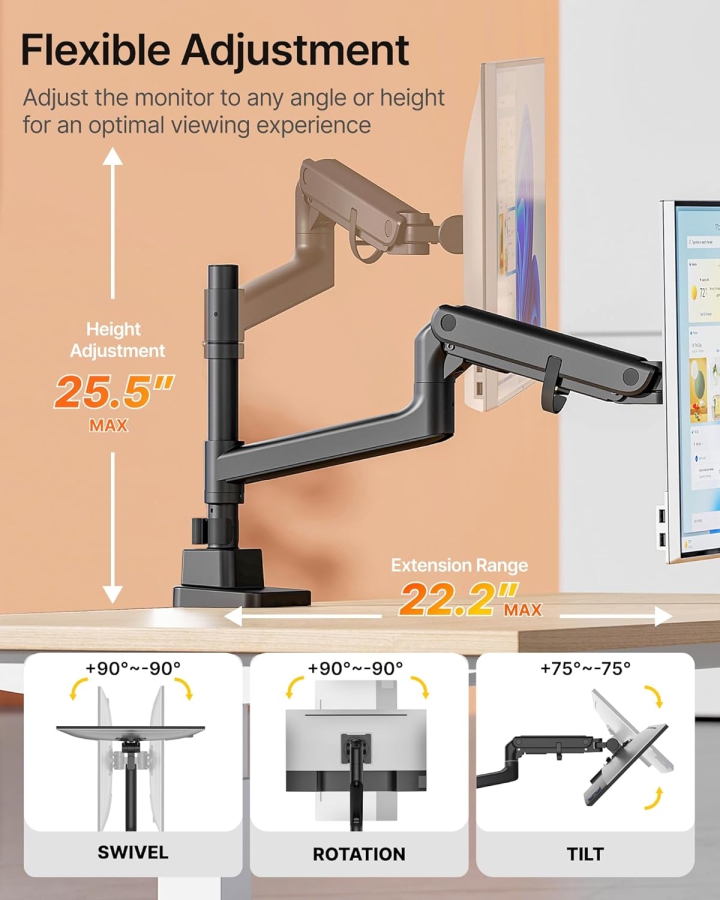 monTEK Monitor Mount 1 Monitor for 17-57" monitors, up to 27kg, extended arm, extreme load capacity, with USB-C, for gaming monitors